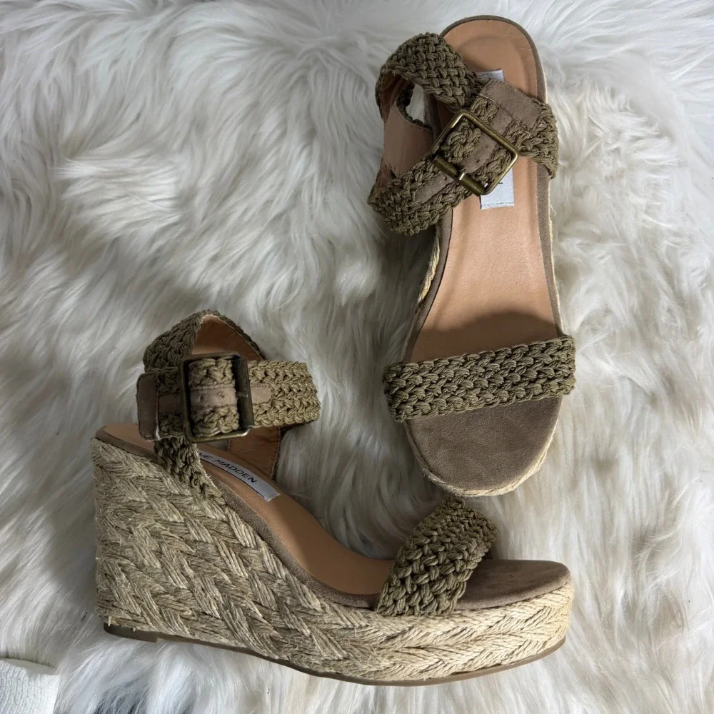 Steve Madden Brussel Olive Green Braided Espadrille Wedge Sandals Womens 8M‎
